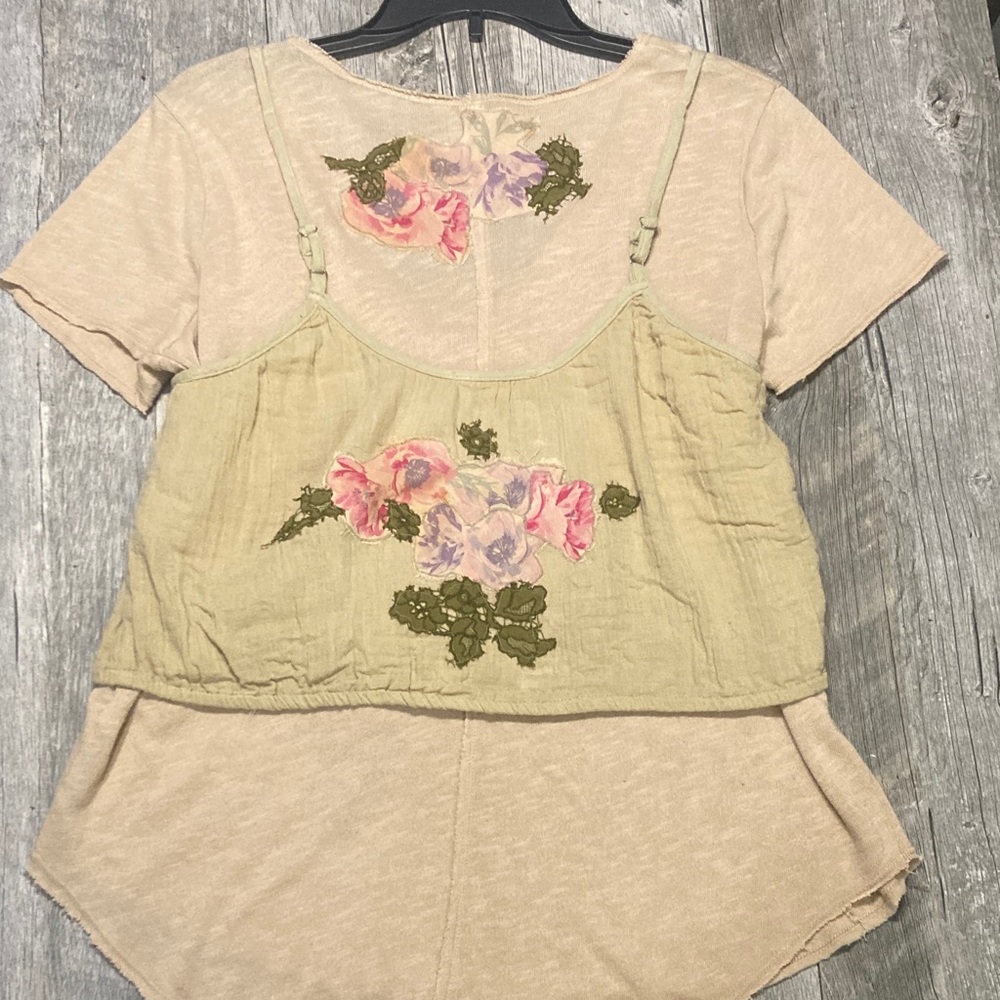 Free People Layered Beige Top with Button Detail